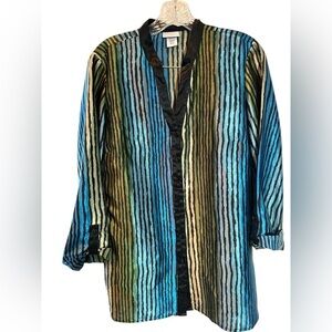 90's Jaclyn Smith Med Black, Blue & Green Striped Button Down Blouse